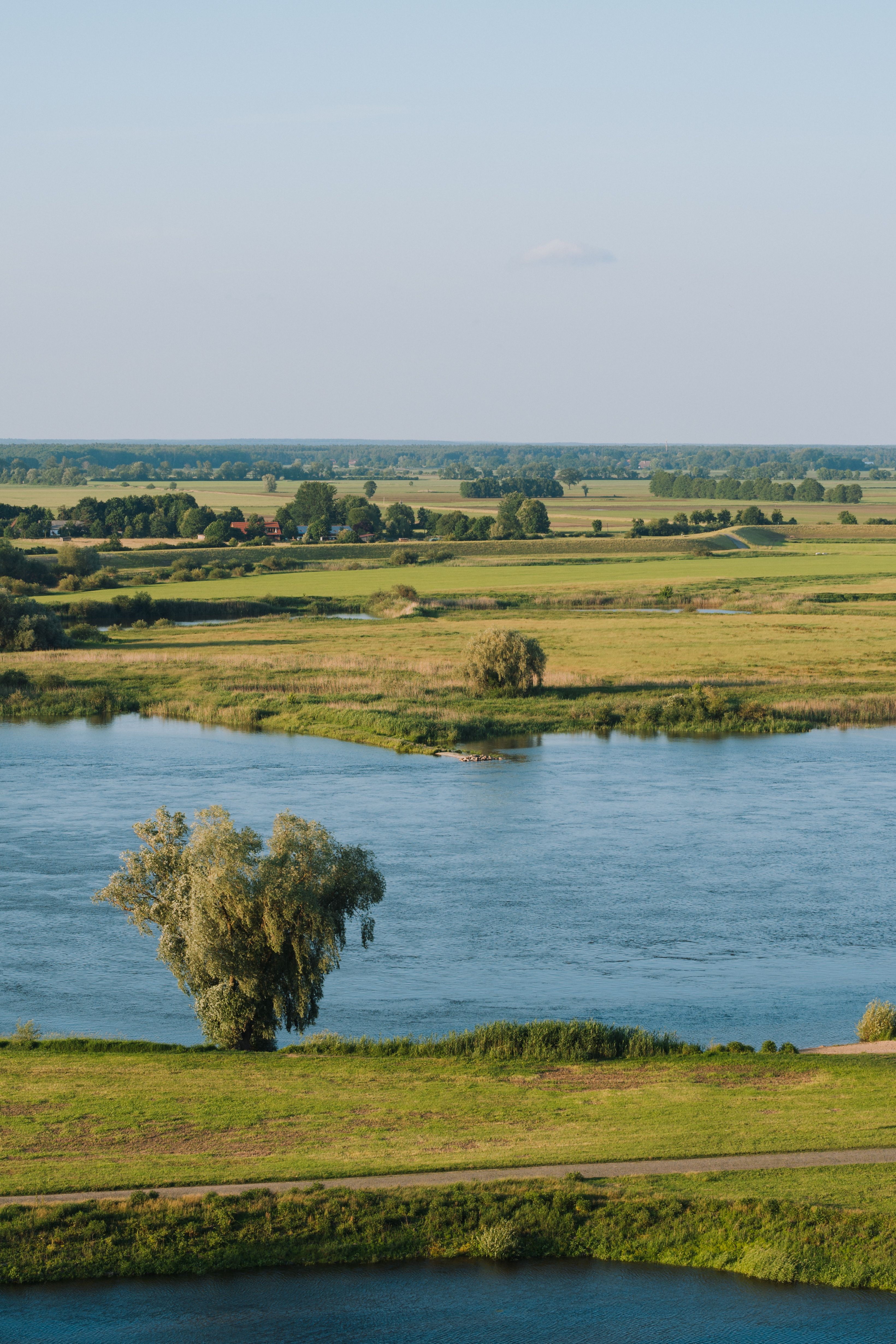 Luftaufnahme der üppigen Landschaft von Hitzacker mit Feldern, Bäumen und einem fließenden Fluss unter einem klaren Sommerhimmel.